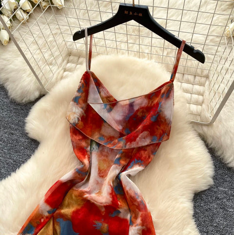 Tie-dye Print Mesh Slip Dress