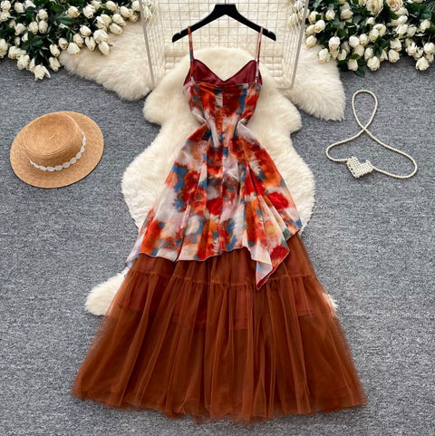 Tie-dye Print Mesh Slip Dress