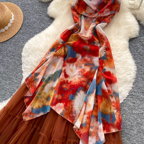 Tie-dye Print Mesh Slip Dress