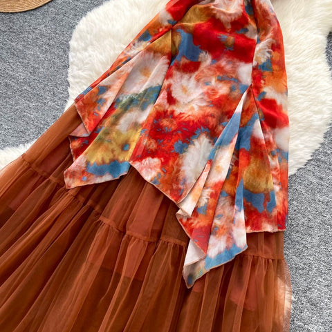 Tie-dye Print Mesh Slip Dress