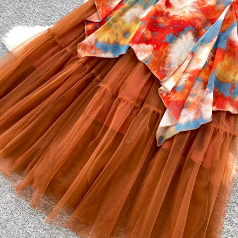 Tie-dye Print Mesh Slip Dress