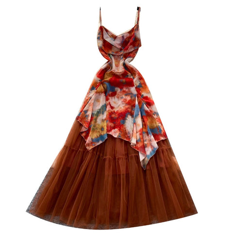 Tie-dye Print Mesh Slip Dress