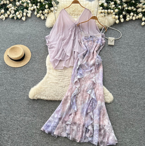 Smock & Print Slip Dress 2Pcs