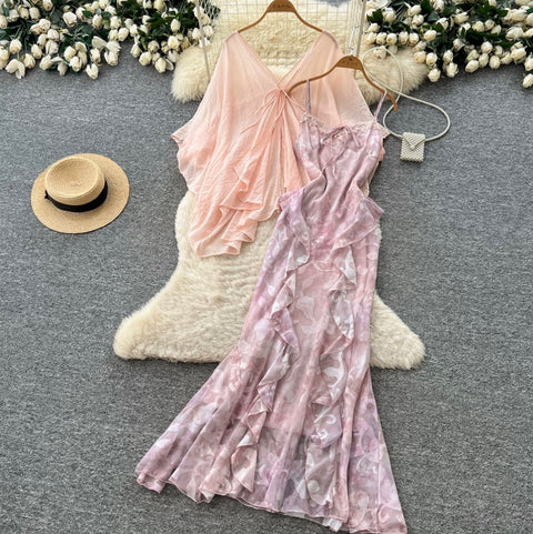 Smock & Print Slip Dress 2Pcs