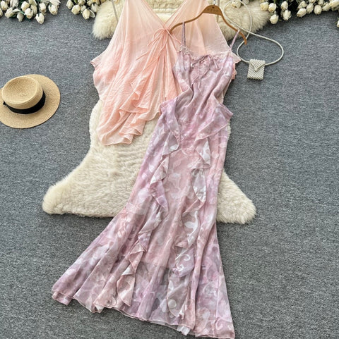 Smock & Print Slip Dress 2Pcs