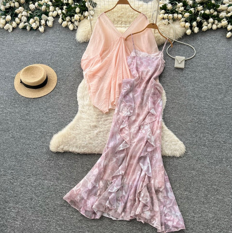 Smock & Print Slip Dress 2Pcs