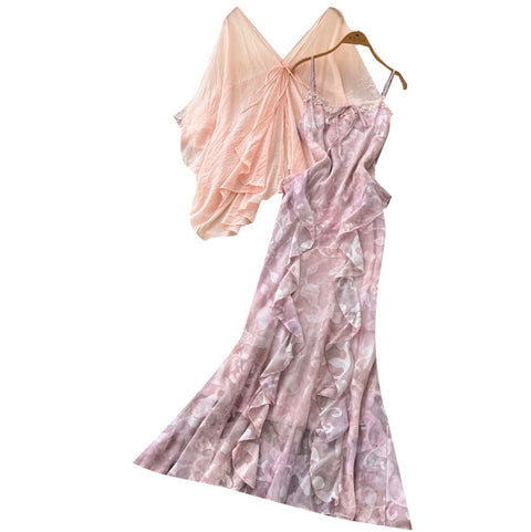 Smock & Print Slip Dress 2Pcs