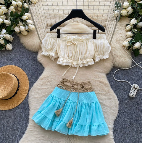 Off-shoulder Top & Mint Skirt 2Pcs