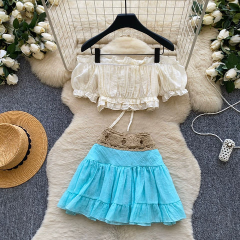 Off-shoulder Top & Mint Skirt 2Pcs