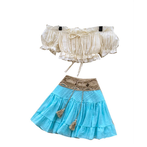 Off-shoulder Top & Mint Skirt 2Pcs