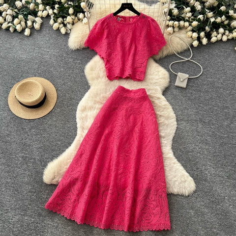 Hollowed Embroidery Top & A-line 2Pcs