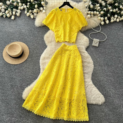 Hollowed Embroidery Top & A-line 2Pcs
