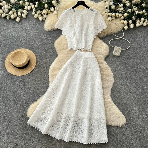 Hollowed Embroidery Top & A-line 2Pcs