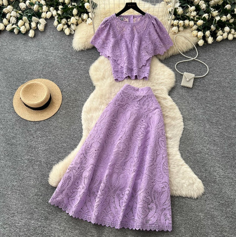 Hollowed Embroidery Top & A-line 2Pcs