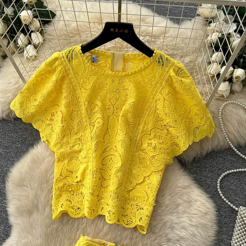 Hollowed Embroidery Top & A-line 2Pcs