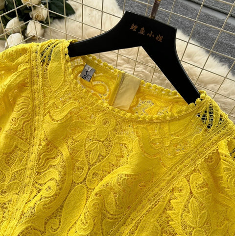 Hollowed Embroidery Top & A-line 2Pcs