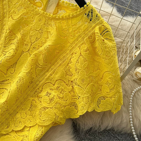 Hollowed Embroidery Top & A-line 2Pcs