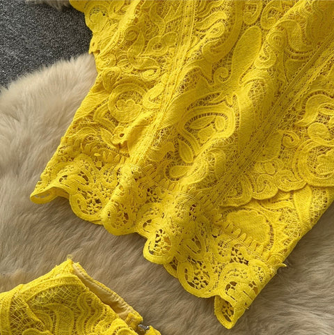 Hollowed Embroidery Top & A-line 2Pcs