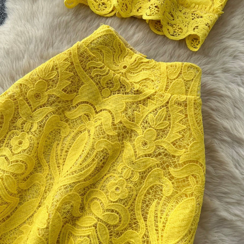 Hollowed Embroidery Top & A-line 2Pcs