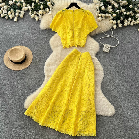 Hollowed Embroidery Top & A-line 2Pcs