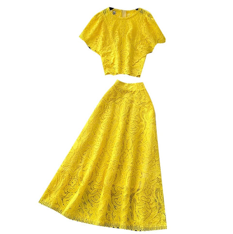 Hollowed Embroidery Top & A-line 2Pcs