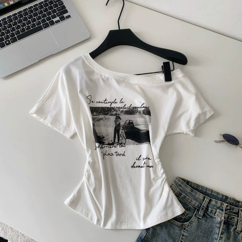 Chic Print Slant Neckline Shirt