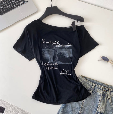 Chic Print Slant Neckline Shirt