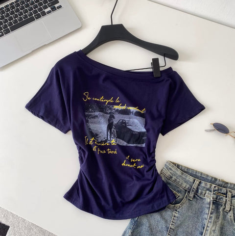 Chic Print Slant Neckline Shirt