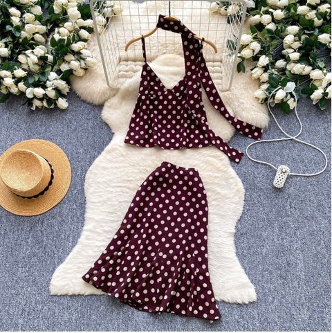 Polk Dot Camisole & Skirt & Ribbon Set