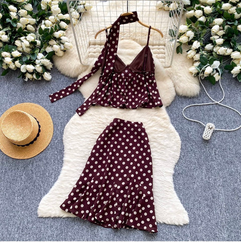 Polk Dot Camisole & Skirt & Ribbon Set