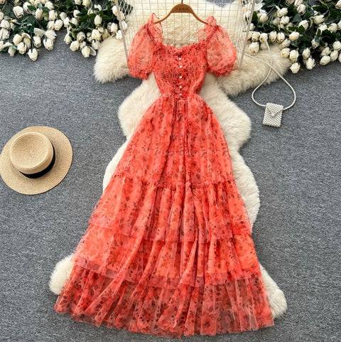 Puffy Sleeve Floral Cake Dress