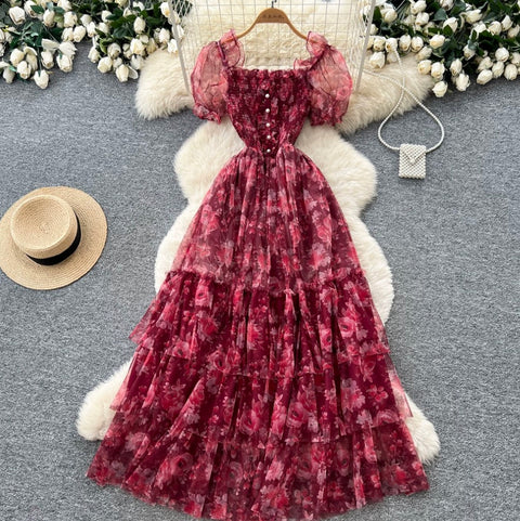 Puffy Sleeve Floral Cake Dress