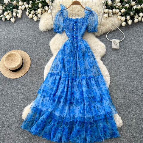 Puffy Sleeve Floral Cake Dress