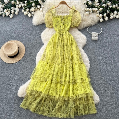 Puffy Sleeve Floral Cake Dress