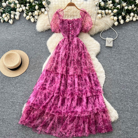 Puffy Sleeve Floral Cake Dress