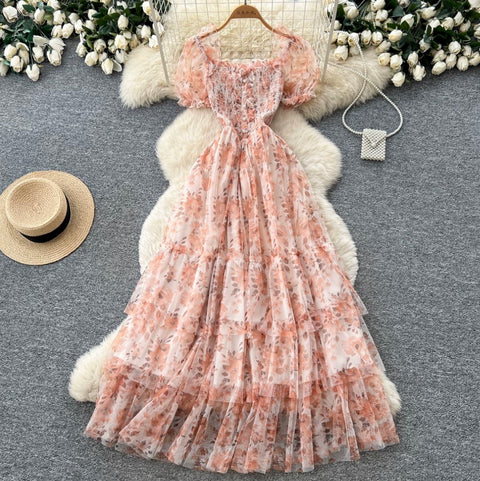 Puffy Sleeve Floral Cake Dress