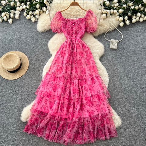 Puffy Sleeve Floral Cake Dress