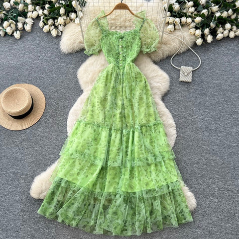 Puffy Sleeve Floral Cake Dress