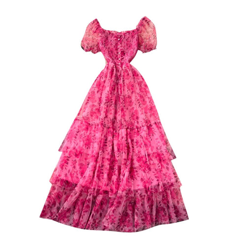 Puffy Sleeve Floral Cake Dress
