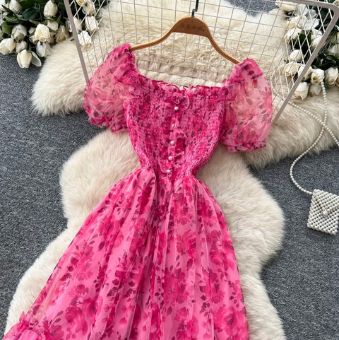 Puffy Sleeve Floral Cake Dress