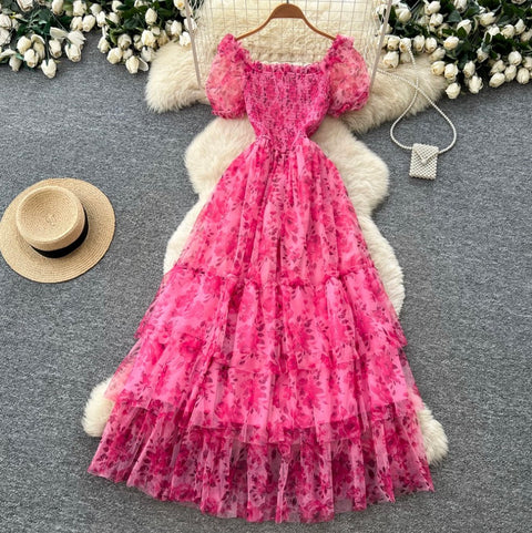 Puffy Sleeve Floral Cake Dress