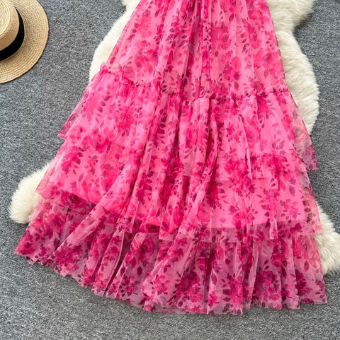 Puffy Sleeve Floral Cake Dress