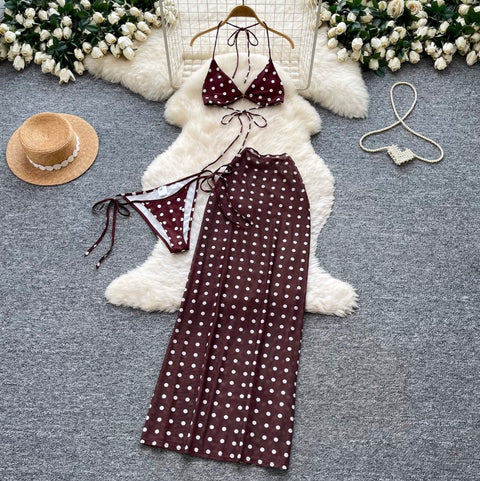 Polka-dot Bikini & Wrapped Skirt 2Pcs