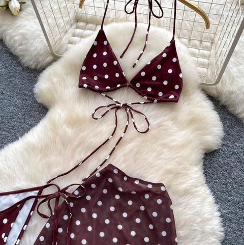 Polka-dot Bikini & Wrapped Skirt 2Pcs