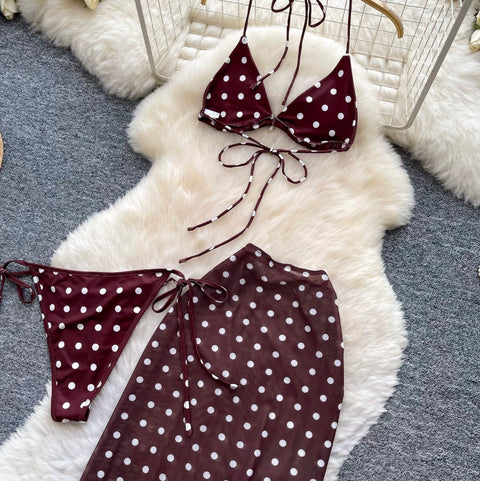 Polka-dot Bikini & Wrapped Skirt 2Pcs