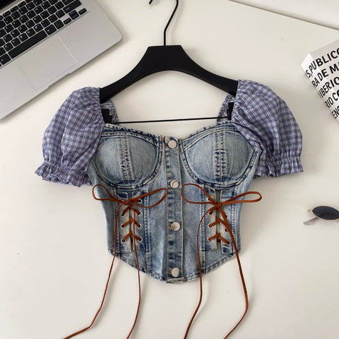 Hottie Lace-up Denim Patchwork Top