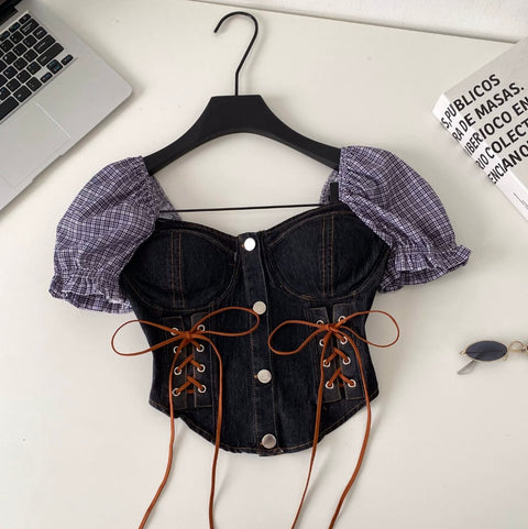 Hottie Lace-up Denim Patchwork Top