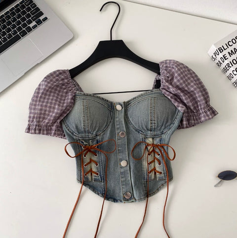 Hottie Lace-up Denim Patchwork Top