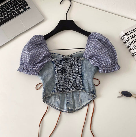 Hottie Lace-up Denim Patchwork Top