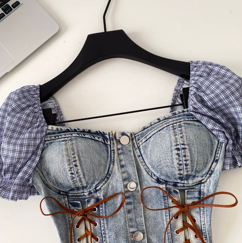 Hottie Lace-up Denim Patchwork Top